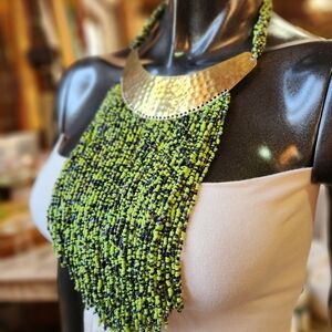 ✨️Hand Hammered Brass, Green and Blue Beaded Statement Necklace - No Restocks✨️